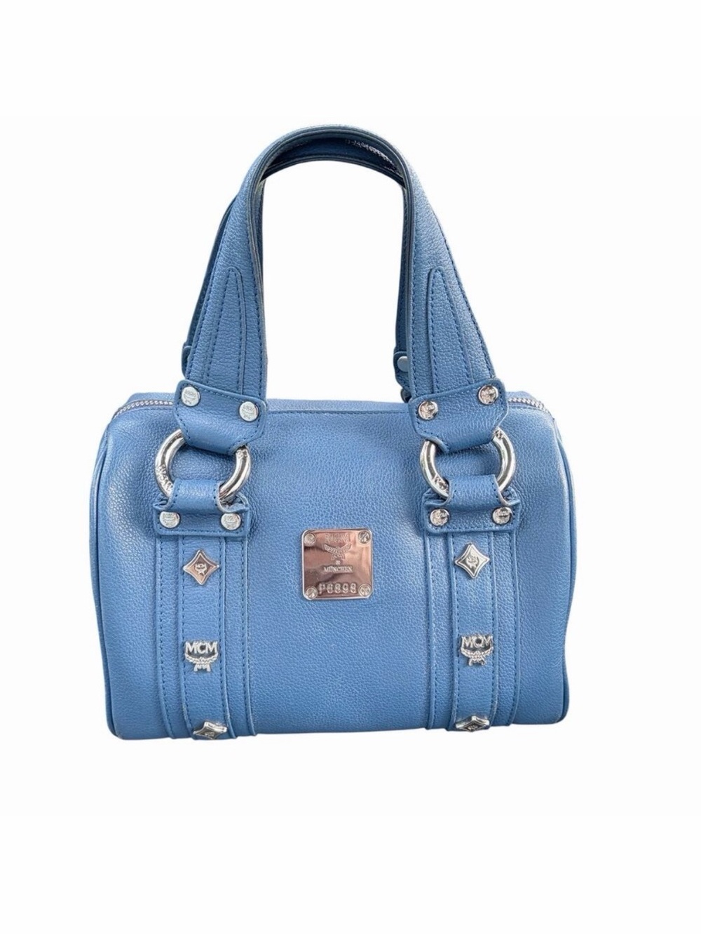 MCM München Authentic Blue Pebbled Leather Studded Boston Satchel Bag